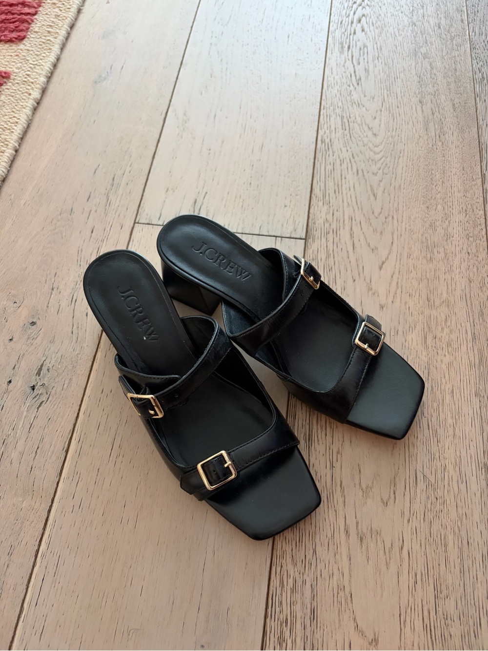 J. Crew Black Leather Double Buckle Square-Toe Mules